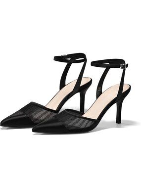 Women's Black Closed Toe High Heels Satin Pointed Toe Ankle Strap Patchwork